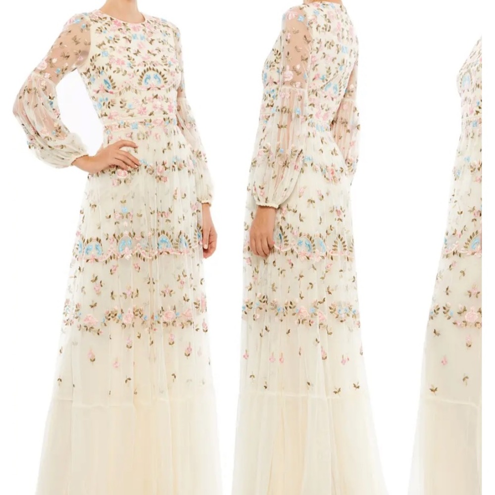 MAC DUGGAL SIZE 4 IVORY Embroidered Floral Long Sleeve Gown
